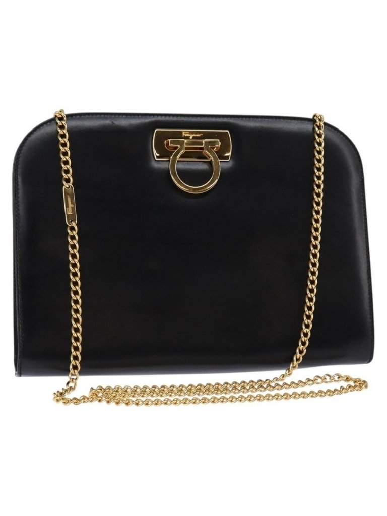 Authentic Salvatore Ferragamo Gancini Chain Hand Bag Leather Black Gold
